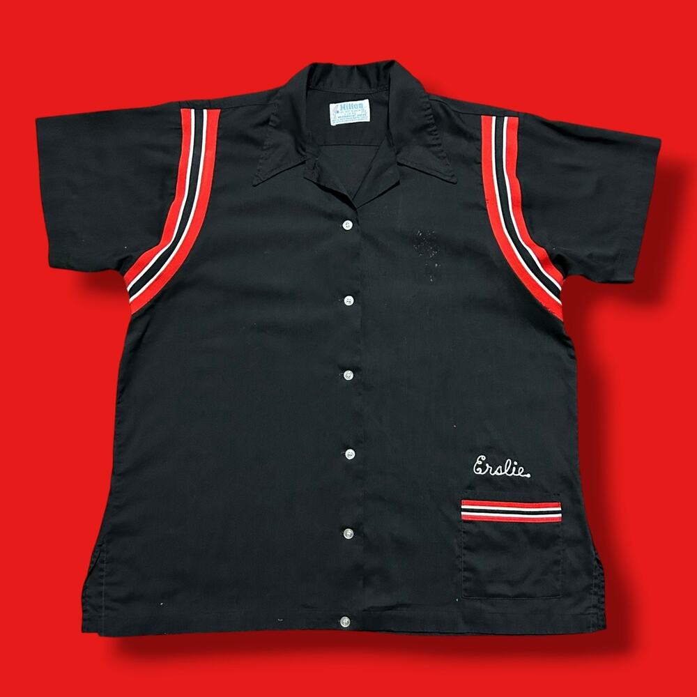Vintage Hilton Bowling Shirt 60s Button Up Black Red Size 40 Womens